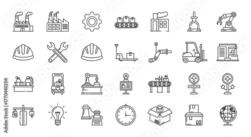 Industrial Production and Manufacturing Line Icons: A Comprehensive Vector Collection Featuring Factories, Gears, Robots, Forklifts, Conveyor Belts, and Safety Equipment, Ideal for Infographics