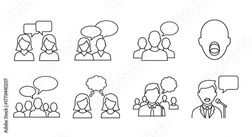 Collection of faceless people talking and communicating with speech bubbles, presented as outline icons for graphic and web design. This vector cartoon illustration set features diverse group
