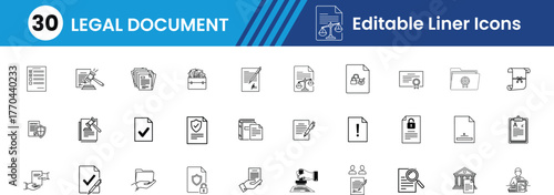 legal document glyph Icon set, Including Contract, Gavel, Law Book, Scale of Justice, Handshake, Signature, Court House, Shield, Judge, Law Certificate Vector line Icons illustration