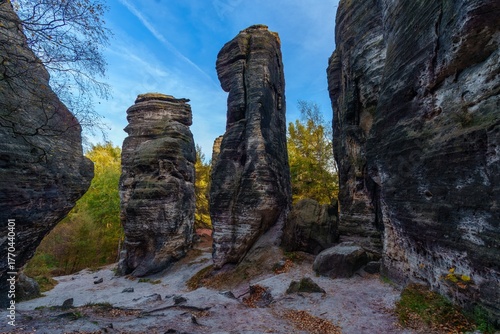 The Great Tisa Rocks - natural rock formations in Bohemian Switzerland, Wonderful rock formation Tiske steny , Czech Republic. Autumn.