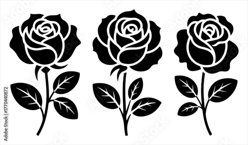 Three black rose silhouettes isolated on white background representing love, purity, and artistic elegance