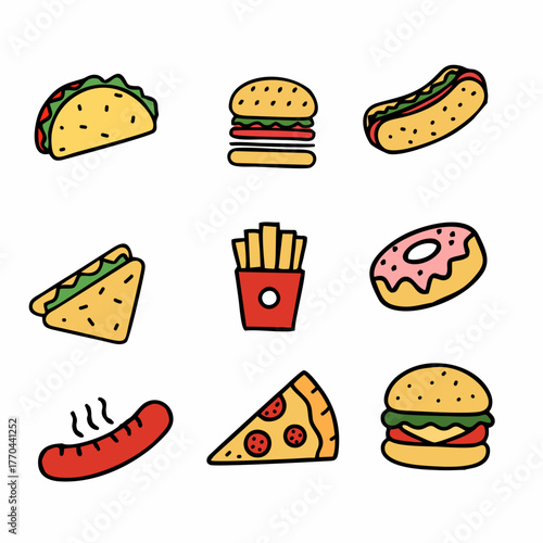 Fast food icon set for graphic ,Hand draw color version