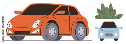 Bright red car, small blue car, and green plants in flat design. Ideal for transportation, urban lifestyle, environment, travel, sustainability modern business mobility. Clean simple flat metaphor