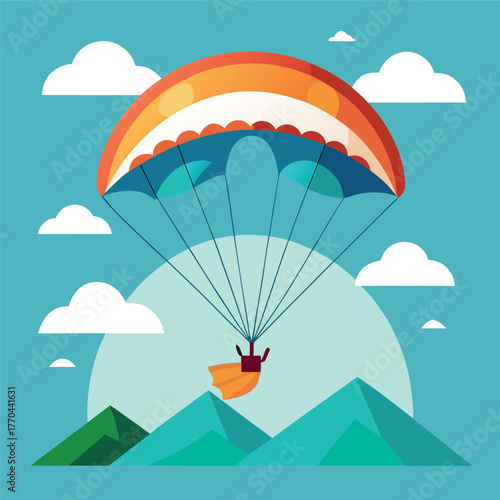 Paragliding illustration over mountains with blue sky and clouds.