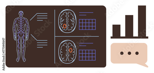Human body outline, brain analysis diagrams with highlighted areas, bar chart, and speech bubble. Ideal for healthcare, research, diagnostics, education, neuroscience statistics communication