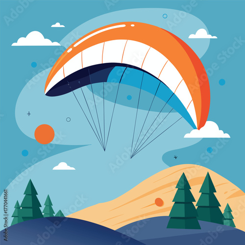 Paragliding illustration over mountains with blue sky and clouds.