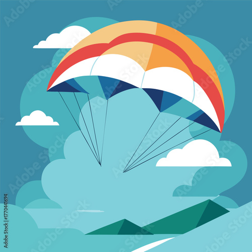 Paragliding illustration over mountains with blue sky and clouds.