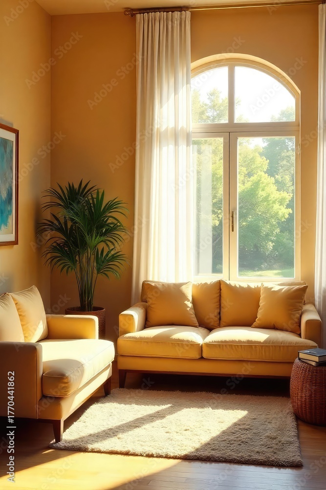 Fototapeta premium Warm sunlight streams into a bright, welcoming space, illuminating comfortable furniture and inviting decor, creating a sense of calm and ease , relaxation, decor, interior