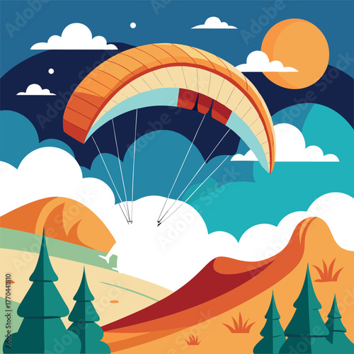 Paragliding illustration over mountains with blue sky and clouds.