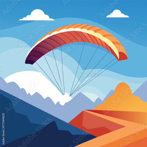 Paragliding illustration over mountains with blue sky and clouds.