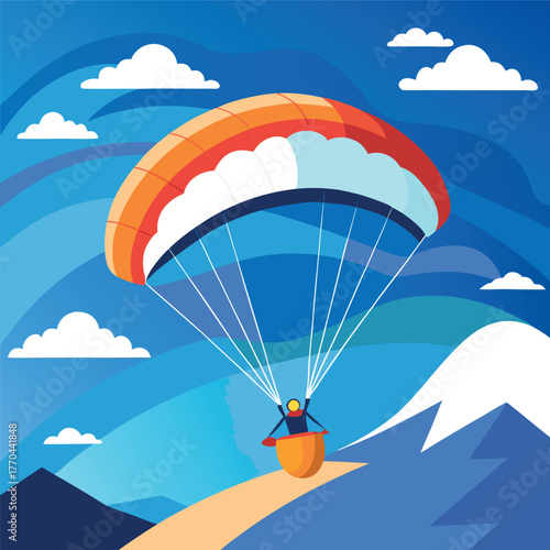 Paragliding illustration over mountains with blue sky and clouds.