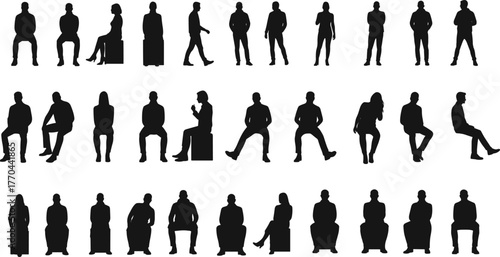 Human silhouette poses, standing sitting walking gestures, body language reference, lifestyle design, cad drawing flat vector illustration