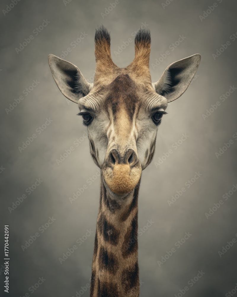 Fototapeta premium Portrait of a Giraffe Against a Smokey Gray Background