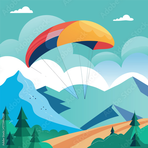 Paragliding illustration over mountains with blue sky and clouds.