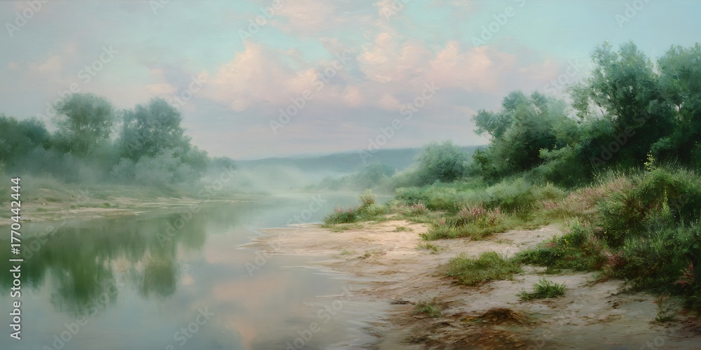 Obraz premium River landscape with morning mist creating a serene and calm atmosphere reflecting tranquil nature