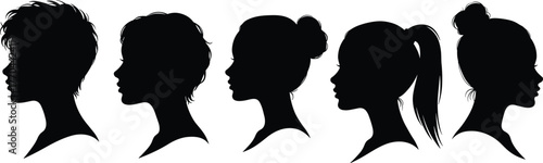 Female head profile silhouettes, hairstyle diversity, hair texture reference, fashion and beauty design, cad drawing flat vector illustration