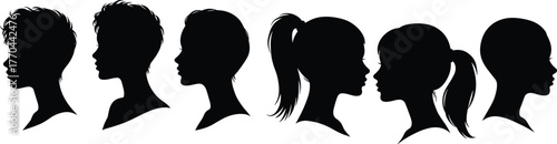 Human head profile silhouettes, hairstyle diversity, hair texture reference, fashion and beauty design, cad drawing flat vector illustration