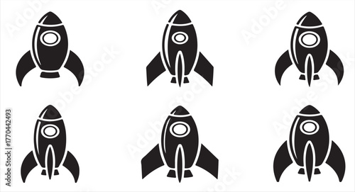 Minimalist rocket icons collection symbolizing space travel and startup innovation concepts in black silhouette design