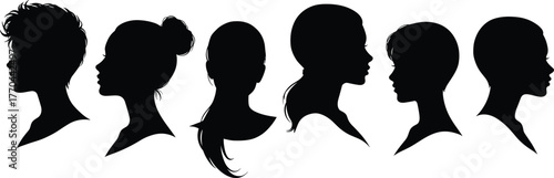 Female head silhouettes, hairstyle diversity, profile view, fashion and beauty reference, hair texture design, cad drawing flat vector illustration
