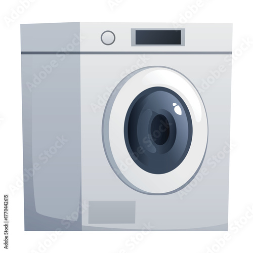 Modern automatic washing machine or washer appliance with a front loading drum door, used for laundry and cleaning. Vector cartoon illustration
