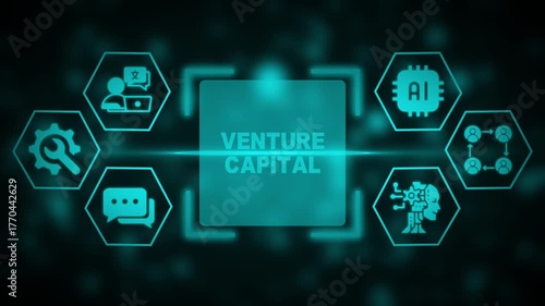 Teal Venture Capital Concept with AI and Business Icons on Dark Blurred Background finance investment