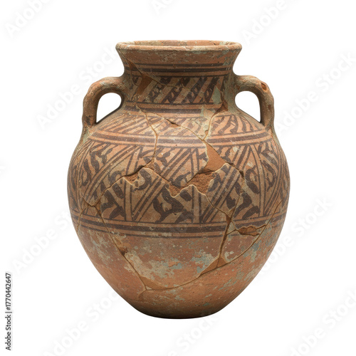 Ancient Cracked Terracotta Amphora With Geometric Patterns On Transparent Background