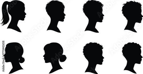 Human head and shoulder silhouettes, hairstyle diversity, profile view, fashion and beauty reference, cad drawing flat vector illustration