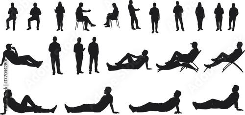 Human silhouette poses, sitting and standing positions, body language reference, posture study, vector illustration for design, cad drawing flat vector illustration