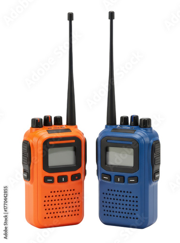 Two Portable Two Way Radios Orange And Blue With Antennas On Black Background