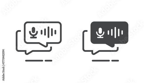 Record sound podcast icon in chat speech bubble vector, voice audio message line stroke outline sign symbol modern simple graphic illustration, radio soundwave with mic pictogram logo image
