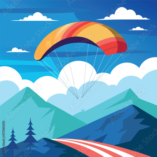 Paragliding illustration over mountains with blue sky and clouds.