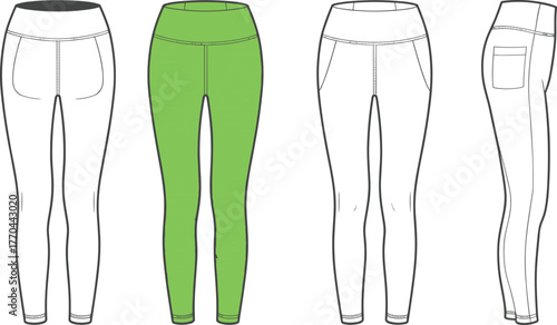 Leggings technical sketch, fashion flat drawing, garment design template, activewear illustration, front back side view, apparel concept, pocket detail