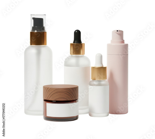 Assorted Skincare Product Bottles and Jars with Gold Accents and Transparent Background