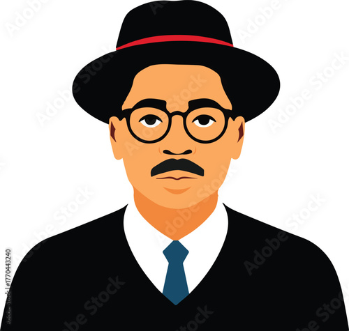 A Man with Hats vector, Portrait of a handsome businessman in a black suit and hat, looking serious with elegant retro style.
