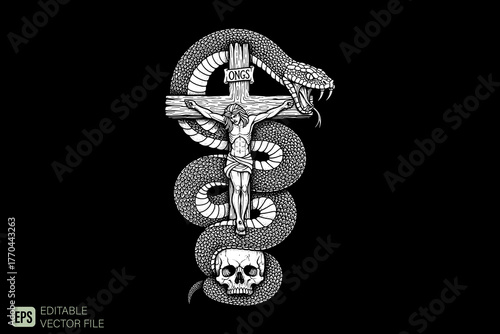 Jesus Christ on Cross with Serpent and Skull Tattoo Design.