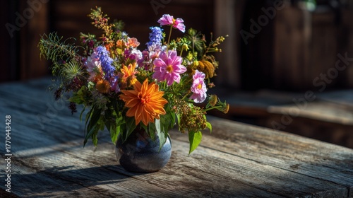 Wallpaper Mural Colorful and Vibrant Flower Bouquet in a Rustic Vase Displayed on a Wooden Table with Natural Lighting and Soft Background Blur Torontodigital.ca