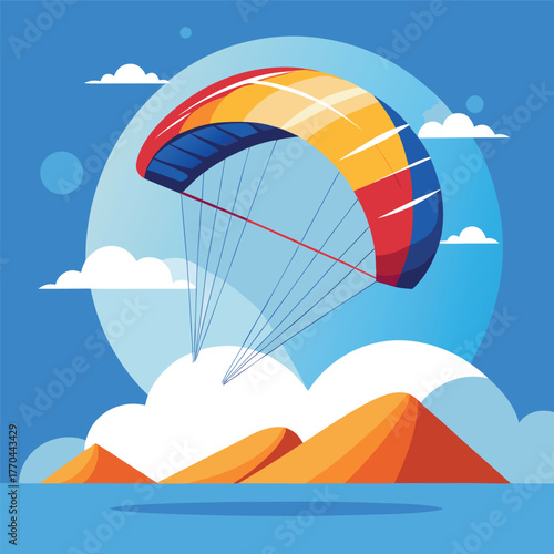 Paragliding illustration over mountains with blue sky and clouds.