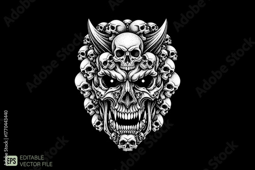 Demonic Skull with Horns and Surrounding Skulls in Black and Whi