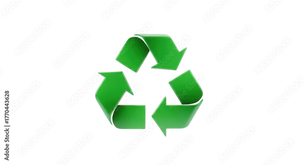 Fototapeta premium Shiny Green Recycling Symbol 3D Render isolated on a transparent background arrows loop