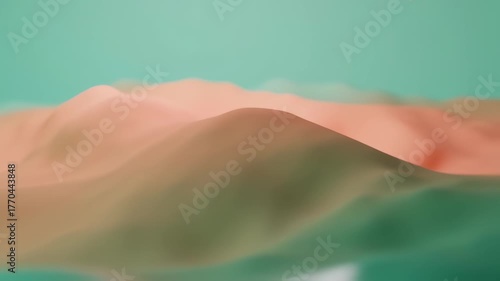 Abstract landscape of soft, flowing, peach and beige hills against a teal backdrop