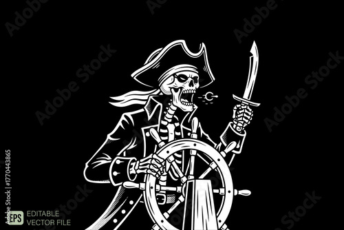 Pirate Skeleton Captain Steering Ship Wheel with Sword.
