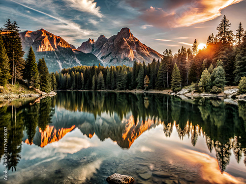 Mountain lake sunset reflecting in calm water with forest, background peaks