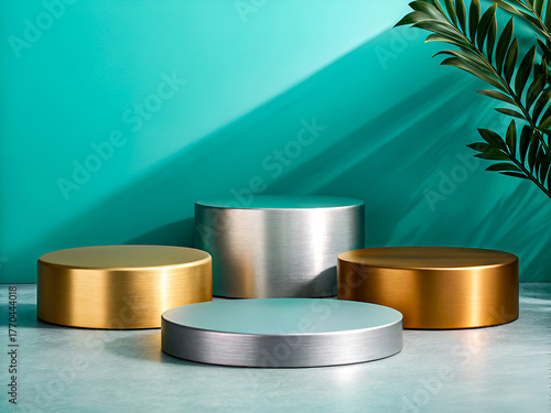 Modern Metallic Pedestals in Gold, Silver, and Bronze – Sleek Display Setup with Tropical Leaf Accent