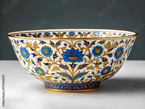 Ornate Gold-Trimmed Ceramic Bowl with Intricate Blue Flower Pattern