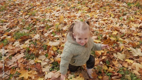 A child plays with an autumn leaf while looking at the camera.A beautiful portrait of a sweet girl on a beautiful autumn day.
