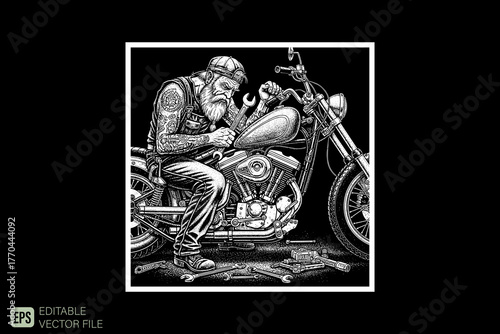 Bearded Biker Mechanic Repairing Motorcycle with Tools in Graysc