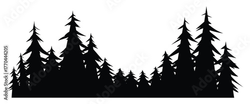 Dark silhouette of a dense pine forest with evergreen trees in a mountainous landscape panorama border for design. Vector cartoon illustration