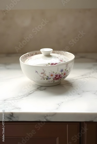 Elegant lidded ceramic bowl with colorful floral patterns on white marble kitchen countertop, vertical composition. Soft light enhances the refined composition, providing a calm scene.