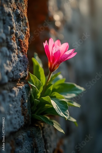 Vivid pink flower and green leaves grow from a textured wall, lit by warm sun, vertical composition. Soft bokeh highlights resilience and delicate natural beauty.