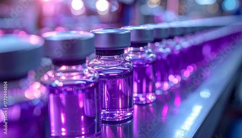 An overhead, close-up shot showcasing vaccine vials in a factory setting. The vials are filled with a purple liquid. The background is blurred